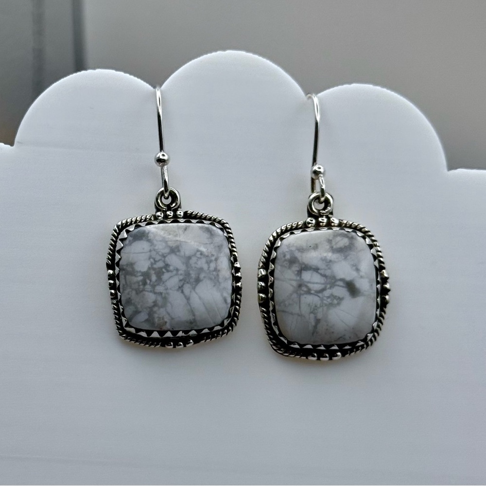 New Just Be Hipie Square Shape Howlite Earrings .925 Sterling Silver
